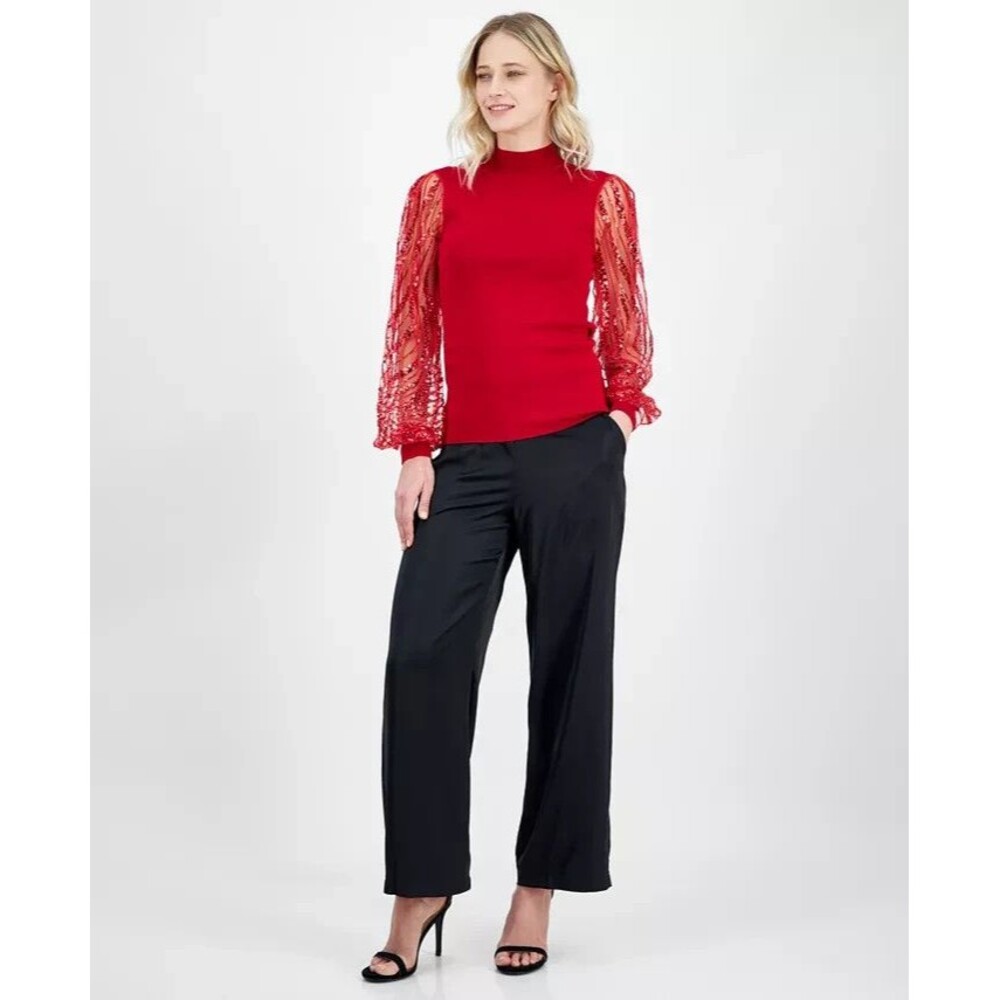 T Tahari Women's Sequin-Sleeve Mock-Neck Sweater Holidays Party Top red XL - Picture 4 of 10